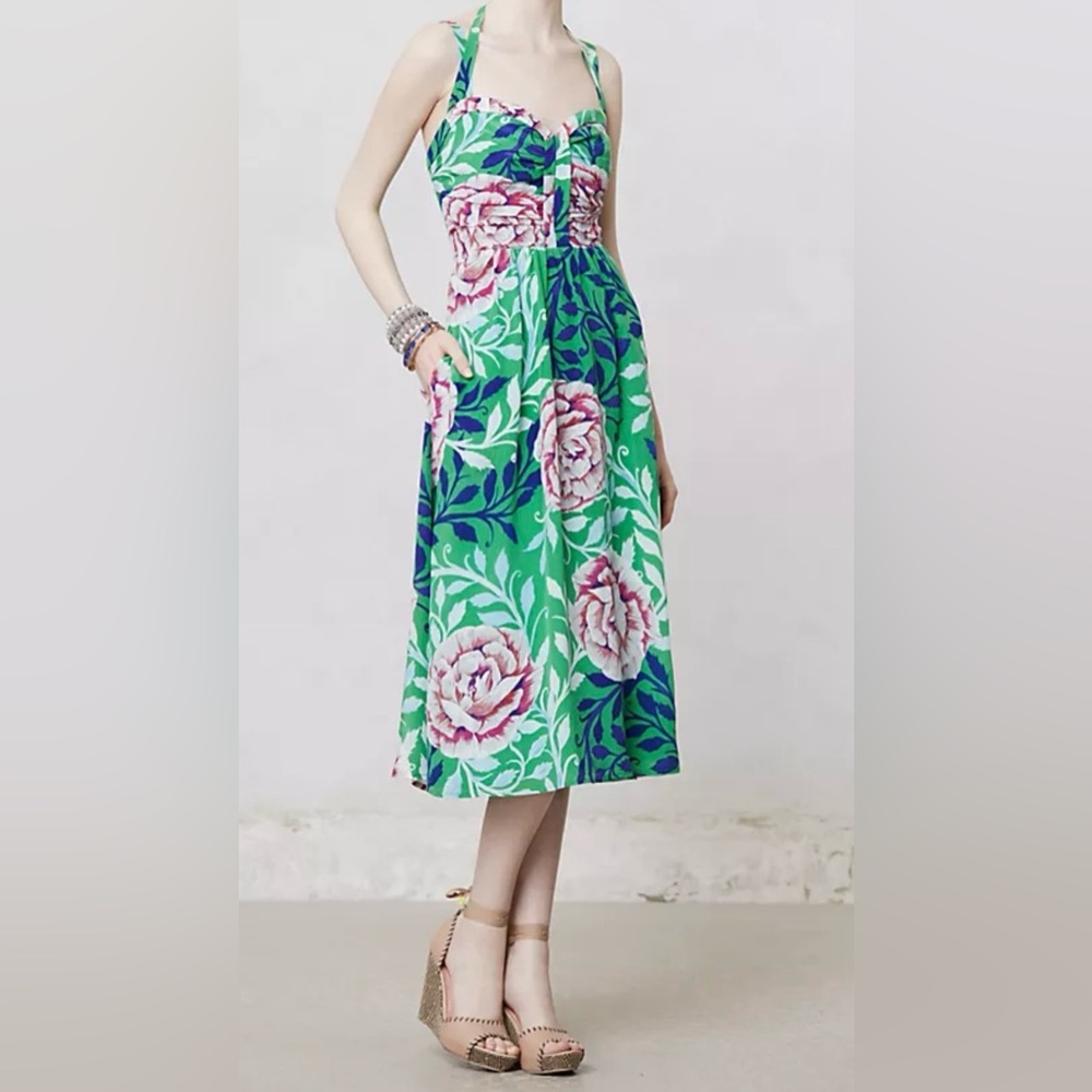 Anthropologie Moulinette Soeurs Rosamund Midi Dress Sz 4 Floral Green 100% Silk